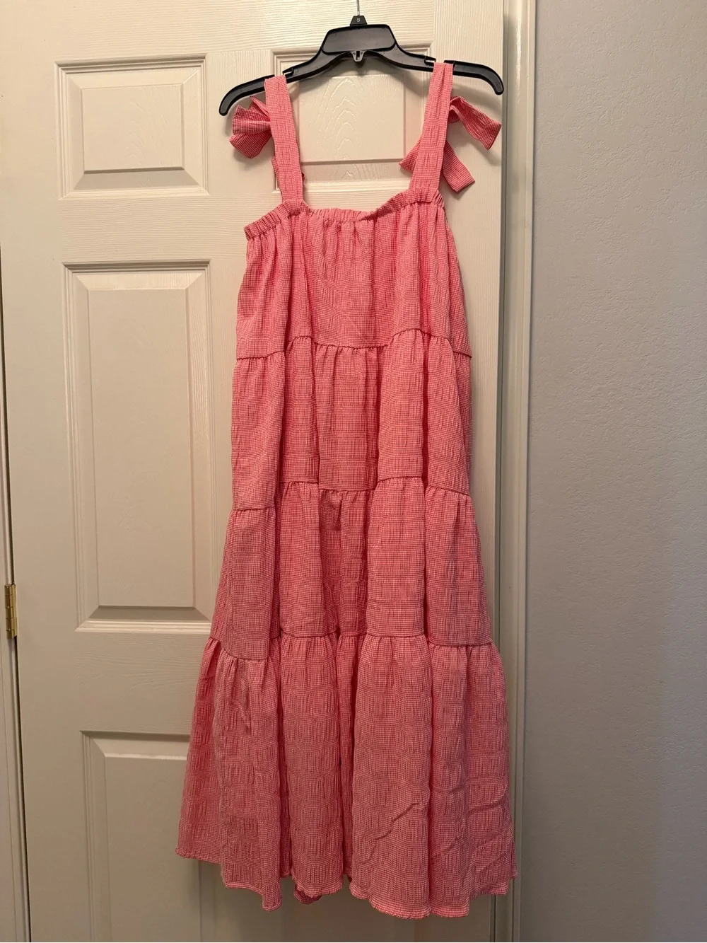 Pink Tiered Maxi Dress with Tie Shoulder Straps